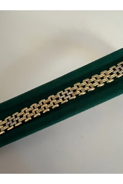 bettin tasarım Altın Renk 14K Kaplama Kalın Zincir Taş Detaylı Kadın Çelik Bileklik - Resim 4