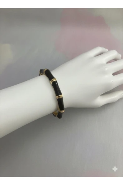 bettin tasarım Siyah Renk Çelik Siyah Enamel Detaylı Kadın Bileklik - 8