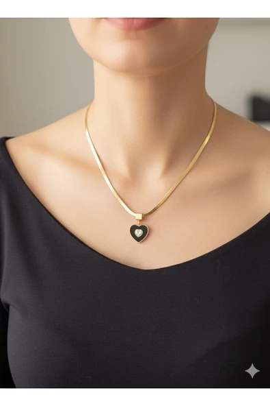 bettin tasarım İtalyan Zincir Ucu Zirkon Taşlı Kalp Detaylı Altın Sarısı Renk Kadın Çelik Kolye - Resim 2