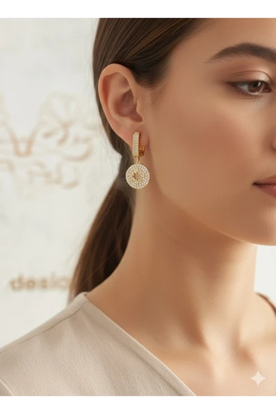 bettin tasarım Çelik Paslanmaz Özel Model Zirkon Taşlı Sarı Kadın Küpe - Resim 2