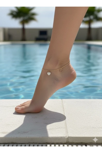 bettin tasarım Sarı Zincir Zirkon Taşlı Kalp Sallantılı Kadın Çelik Halhal ürün görseli