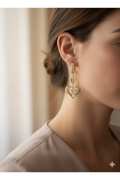 bettin tasarım Paslanmaz Çelik Kalp Sallantılı Zirkon Taşlı Sarı Küp - Resim 3