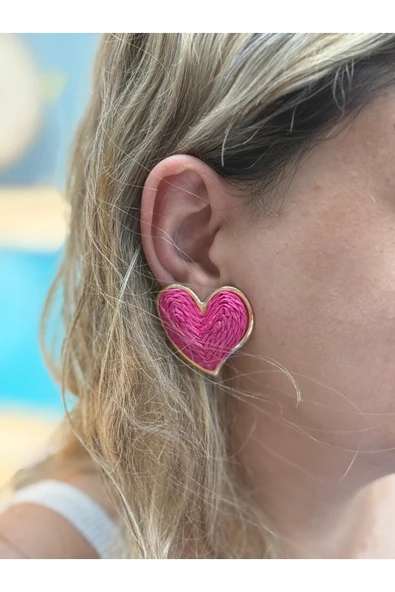 bettin tasarım Kalp Hasır Dokulu Fuşya Çelik Kadın Küpe ürün görseli