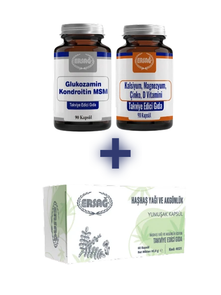 Ersağ GLUKOZAMİN KONDROİTİN MSM, KALSİYUM, MAGNEZYUM, ÇİNKO, D VİTAMİNİ ALANA HAŞHAŞ YAĞI VE AKGÜNLÜK KAPSÜL HEDİYE - 1
