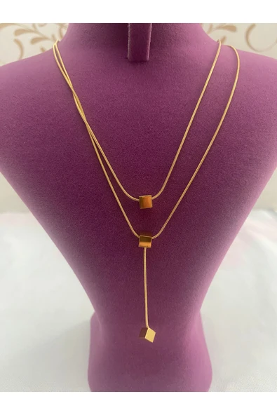bettin tasarım 2’li İnce İtalyan Zincir Ucu Kare Detaylı Çelik Kadın Y Kolye Altın Sarısı - Resim 5