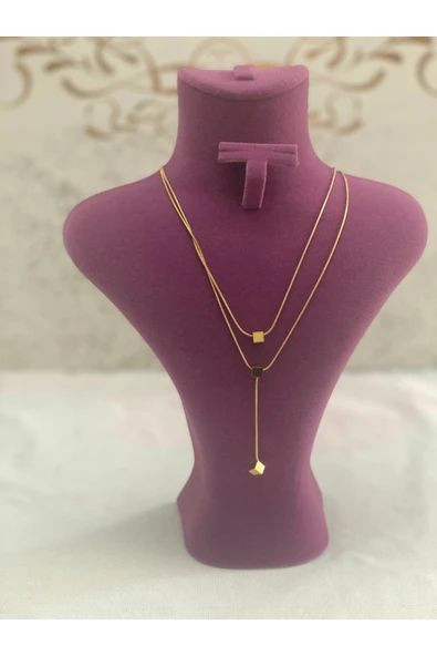 bettin tasarım 2’li İnce İtalyan Zincir Ucu Kare Detaylı Çelik Kadın Y Kolye Altın Sarısı - Resim 6