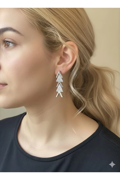 bettin tasarım Paslanmaz Çelik V Model Sallantılı Zirkon Taşlı Gümüş Renkli Kadın Küpe - Resim 2