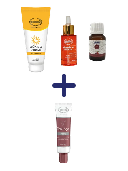 Ersağ GÜNEŞ KREMİ 50 FAKTÖRLÜ 100 ML, VİŞNE ÇEKİRDEĞİ YAĞI 30 ML, VİTAMİN C SERUMU 30 ML ALANA RENK AÇICI KREM 50 ML (YENİ AMBALAJIYLA) HEDİYE