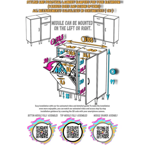 Modilayn YENİCE 105x97x32, 5 cm 3 raf ve 3 sepetli dolap ile çamaşırlarınız artık daha düzenli. - 5
