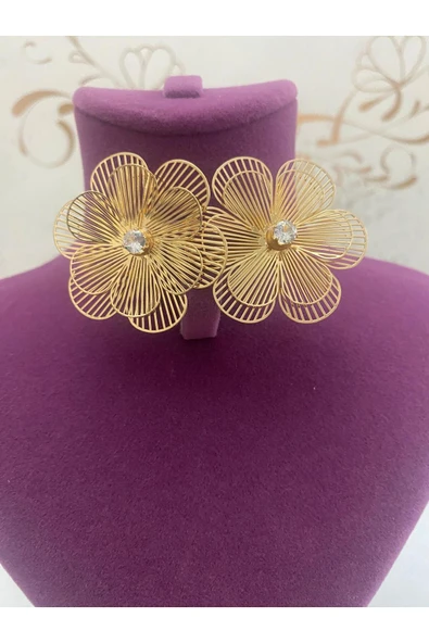 bettin tasarım Altın Renk Çelik Büyük Çiçek Model Zirkon Taş Detaylı Kadın Küpe - 5