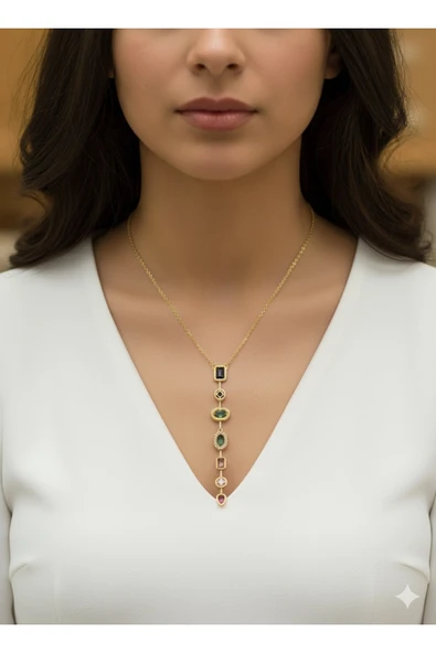 bettin tasarım Steel Çok 7 Element Renkli Taşlı Çelik Y Kadın Kolye Modeli ürün görseli