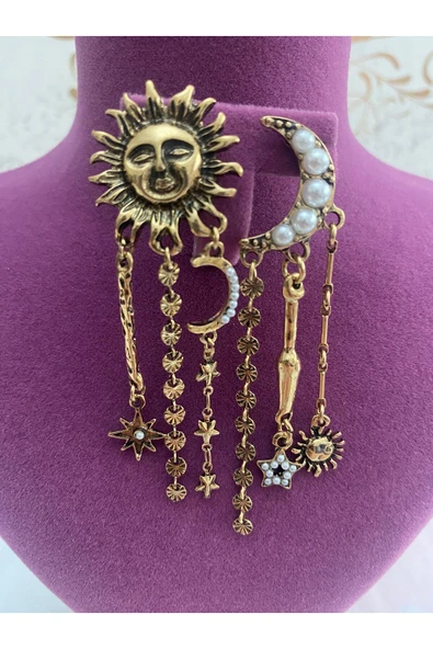 bettin tasarım Altın Renk Güneş Ay ve Yıldız Figürlü Kadın Çelik Küpe Bohem Ve Vintage Tasarım - Resim 7