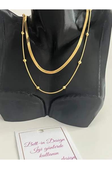 bettin tasarım İtalyan Zinciri ve Saturn Zincirli 2’li Kadın Çelik Kolye - 6