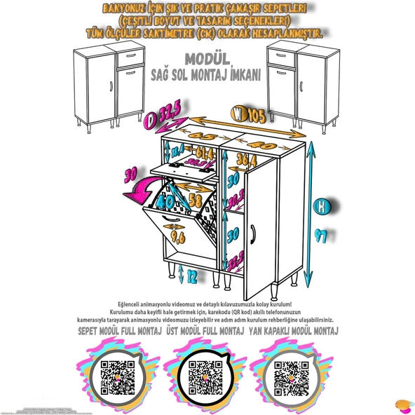 Modilayn YENİCE 105x97x32, 5 cm 3 raf ve 3 sepetli dolap ile çamaşırlarınız artık daha düzenli. - 4