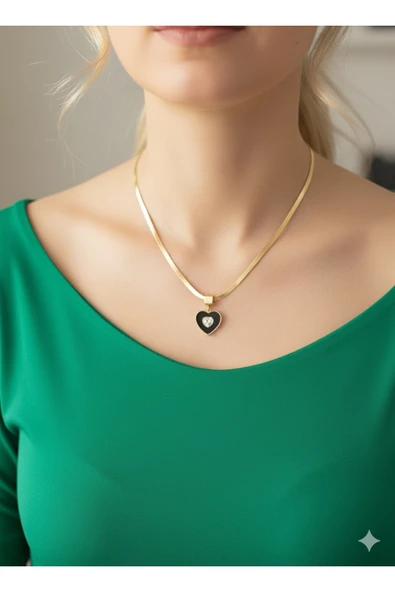 bettin tasarım İtalyan Zincir Ucu Zirkon Taşlı Kalp Detaylı Altın Sarısı Renk Kadın Çelik Kolye - Resim 3