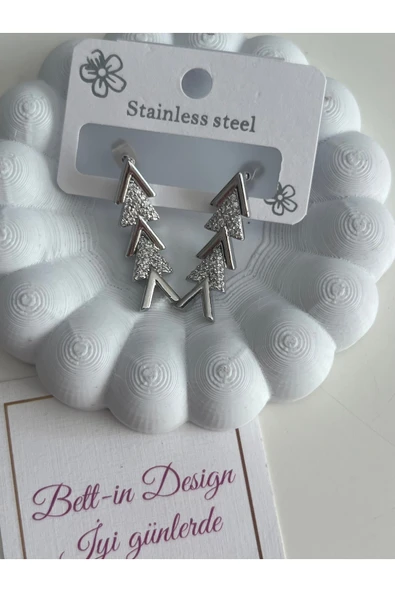 bettin tasarım Paslanmaz Çelik V Model Sallantılı Zirkon Taşlı Gümüş Renkli Kadın Küpe - Resim 7