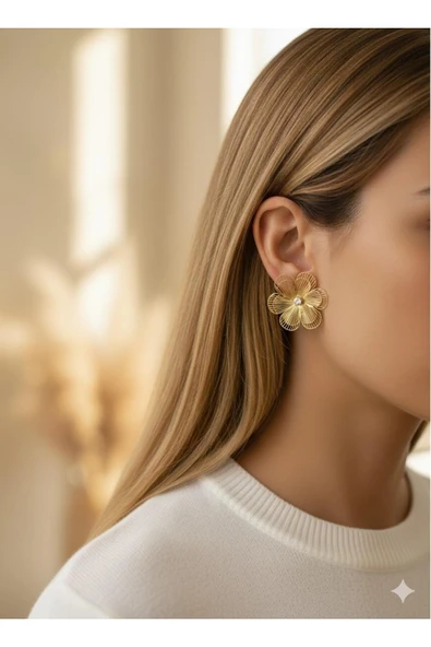 bettin tasarım Altın Renk Çelik Büyük Çiçek Model Zirkon Taş Detaylı Kadın Küpe