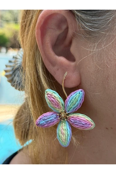 bettin tasarım Ebruli Renk Büyük Papatya Sallantılı Paslanmaz Hasır Kadın Çelik Küpe - 2