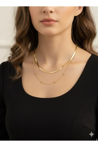 bettin tasarım İtalyan Zinciri ve Saturn Zincirli 2’li Kadın Çelik Kolye