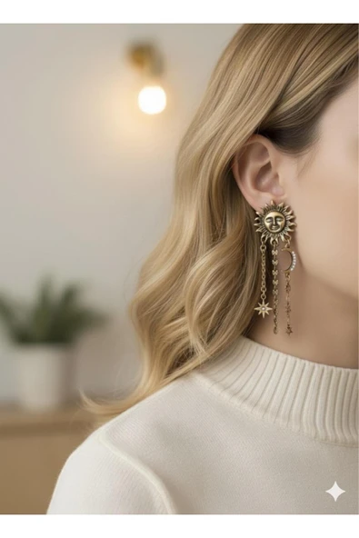 bettin tasarım Altın Renk Güneş Ay ve Yıldız Figürlü Kadın Çelik Küpe Bohem Ve Vintage Tasarım - Resim 5