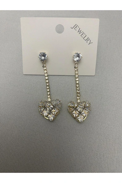 bettin tasarım Altın Renk Bijuteri Kalp Model Zirkon Taşlı Kadın Küpe - Resim 7