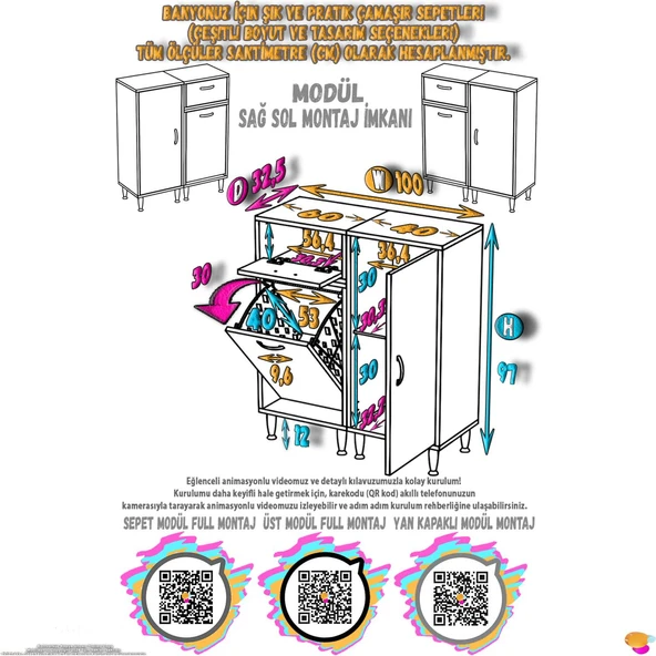 Modilayn YENİCE 100x97x32,5 cm 3 raflı ve 3 sepetli dolap ile çamaşırlarınız artık daha düzenli - 4