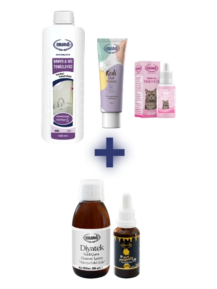 Ersağ 1 ADET KEDİLER İÇİN PROBİYOTİK 20 ML, 1 ADET KEDİ MALT PASTASI 100 ML, 1 ADET BANYO WC TEMİZLEYİCİ 1000 ML ALANA SIVI PROPOLİS 30 ML, DİYATEK ( TEKLİ) HEDİYE