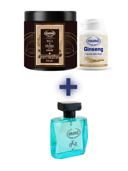 Ersağ GİNSENG,MACA HİNDİBA İÇERİKLİ KAHVE TOZ 350 GR ALANA BKR ERKEK PARFÜMÜ 100 CC HEDİYE