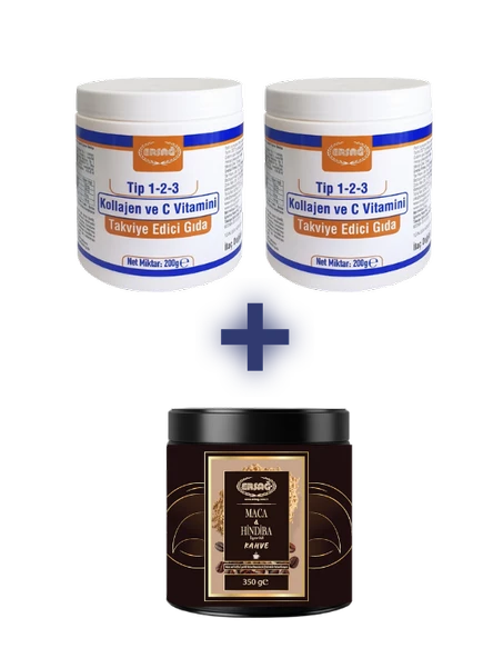 Ersağ 2 ADET TİP 1-2-3 KOLLAJEN VE C VİTAMİNİ ALANA MACA HİNDİBA İÇERİKLİ KAHVE TOZ 350 GR HEDİYE