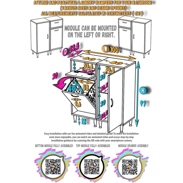 Modilayn YENİCE 100x97x32,5 cm 3 raflı ve 3 sepetli dolap ile çamaşırlarınız artık daha düzenli - 5