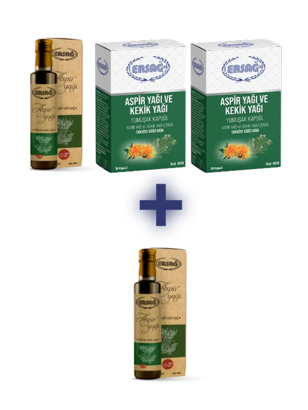 Ersağ 2 ADET ASPİR YAĞI VE KEKİK YAĞI KAPSÜL, 1 ADET ASPİR YAĞI 250 ML ALANA ASPİR YAĞI 250 ML HEDİYE ürün görseli