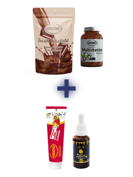 Ersağ SICAK ÇİKOLATA 250 GR, MULTİVİTAMİN KAPSÜL ALANA ÇİLEKLİ DİŞ MACUNU 75 ML VE SIVI PROPOLİS 30 ML HEDİYE