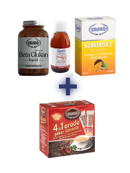 Ersağ BETA GLUKAN KAPSÜL, KURKUMİN Z JEL KAPSÜL (BLİSTER AMBALAJ), PROTEC 20 ALANA 4 Ü 1 ARADA KAHVE YUMUŞAK İÇİM (TEK İÇİMLİK) HEDİYE