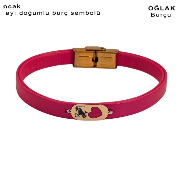 Burca Özel Kalp Detaylı Oval Motifli Doğal Pembe Derili 14 Ayar Altın Plakalı Hediye Bileklik-377 - Resim 2