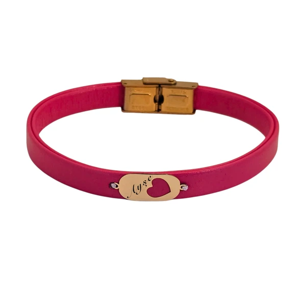 İsme Özel Kalp Detaylı Oval Motifli Doğal Pembe Derili 14 Ayar Altın Plakalı Hediye Bileklik-377 - Resim 2