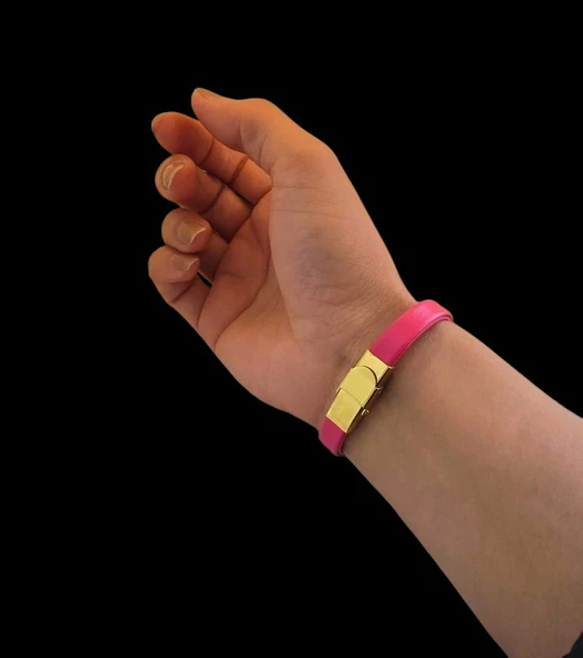 Sembole Özel Doğal Pembe Derili 14 Ayar Altın Plakalı Kalp Detaylı Oval Motifli Hediye Bileklik-377 - Resim 5