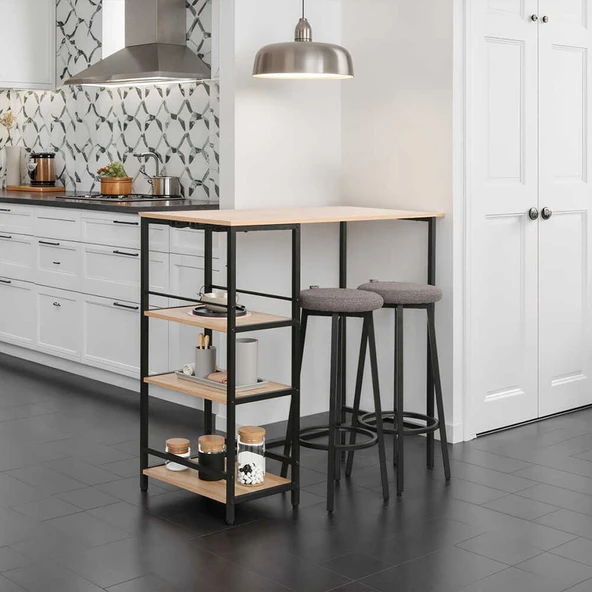Step-Up 2 Tabureli Yüksek Ayaklı Raflı Yemek Masası Ceviz/Siyah 100x50x100 - 1