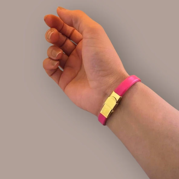 Harfe Özel 14 Ayar Altın Plakalı Kalp Detaylı Oval Motifli Doğal Pembe Derili Hediye Bileklik-377 - Resim 5