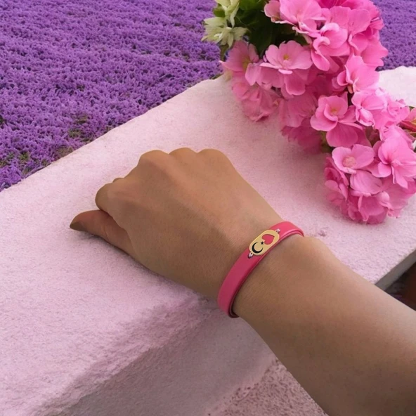 Sembole Özel Doğal Pembe Derili 14 Ayar Altın Plakalı Kalp Detaylı Oval Motifli Hediye Bileklik-377 - Resim 4