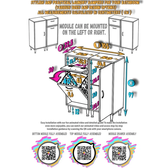 Modilayn YENİCE 105x97x32, 5 cm 3 raflı ve 3 sepetli dolap ile çamaşırlarınız artık daha düzenli - 6