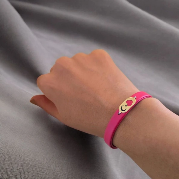 Sembole Özel Doğal Pembe Derili 14 Ayar Altın Plakalı Kalp Detaylı Oval Motifli Hediye Bileklik-377 ürün görseli