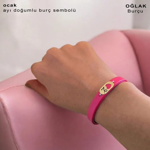 Doğum Ayına Özel 14 Ayar Altın Plakalı Kalp Detaylı Oval Motifli Doğal Pembe Derili Hediye Bileklik-377 ürün görseli