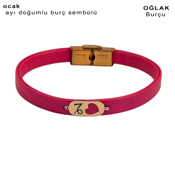 Doğum Ayına Özel 14 Ayar Altın Plakalı Kalp Detaylı Oval Motifli Doğal Pembe Derili Hediye Bileklik-377 - Resim 2