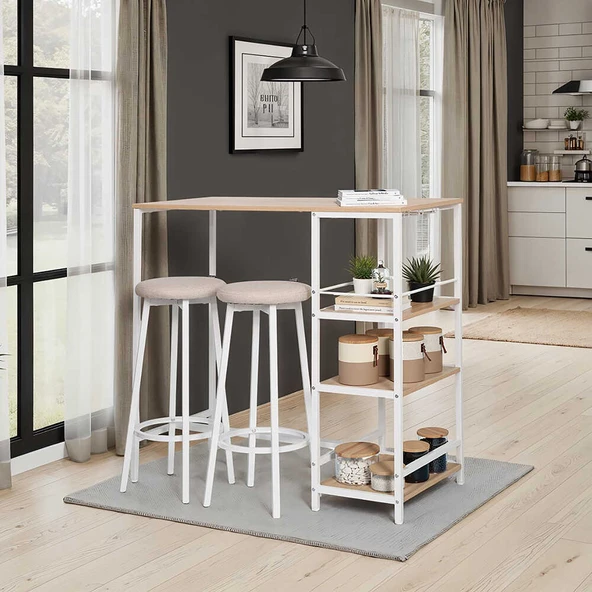 Step-Up 2 Tabureli Yüksek Ayaklı Raflı Mutfak Masa Takımı - Beyaz 100x50x100 - 1