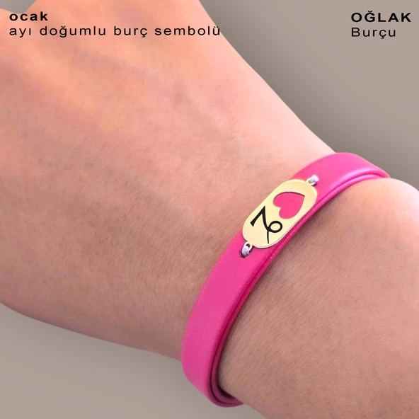 Doğum Ayına Özel 14 Ayar Altın Plakalı Kalp Detaylı Oval Motifli Doğal Pembe Derili Hediye Bileklik-377 - Resim 3