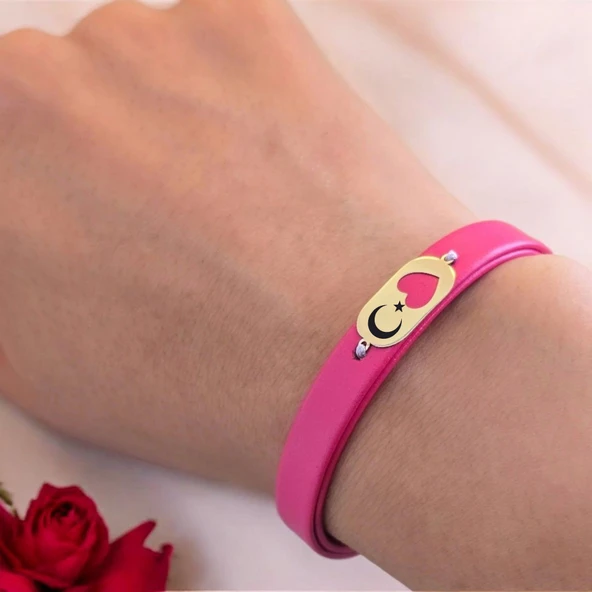 Sembole Özel Doğal Pembe Derili 14 Ayar Altın Plakalı Kalp Detaylı Oval Motifli Hediye Bileklik-377 - Resim 3