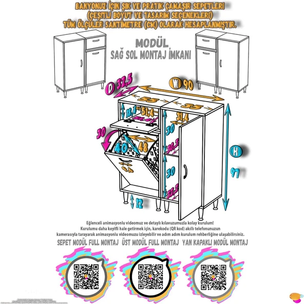 Modilayn YENİCE 90x97x32, 5 cm 3 raflı ve 3 sepetli dolap ile çamaşırlarınız artık daha düzenli - 5