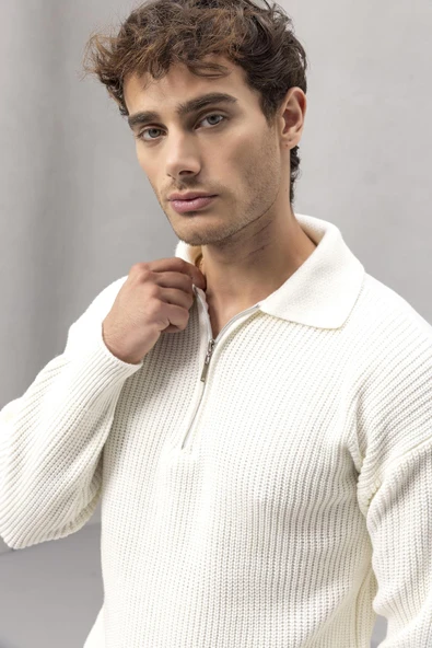 Gibson Oversize Yarım Fermuar Gömlek Polo Yaka Selanik Örme Erkek Triko Kazak - Ekru - Resim 3