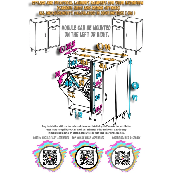 Modilayn YENİCE 90x97x32,5 cm 3 raflı ve 3 sepetli dolap ile çamaşırlarınız artık daha düzenli. - 5