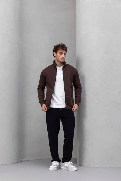 Marcel Regular Fit Fermuarlı Kıstırma Cepli Üç İp Şardonlu Erkek Sweatshirt - Kahve - Resim 6